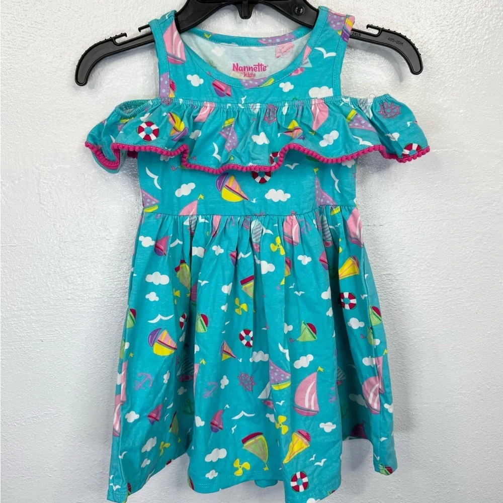 Nannette Kids Dress Girls Size 5 Blue Pink Sailboat Cold Shoulder Ruffle